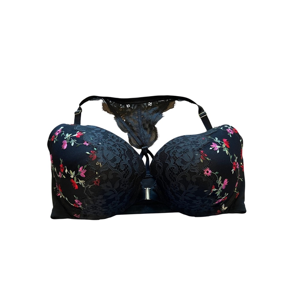 Cacique Boost Plunge Bra 40F Black Floral Lace Embroidery Front Close Racerback